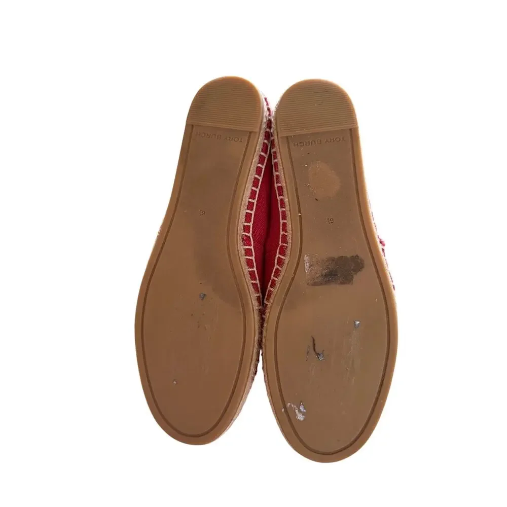 Tory Burch Tilly The Tiger Red Canvas & Leather Slip On Espadrille Flats